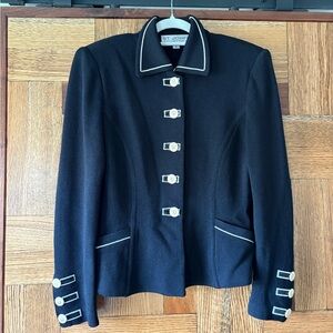 St John | Santana Knit Black Jacket Blazer Piping Detail Ivory Buttons 4
